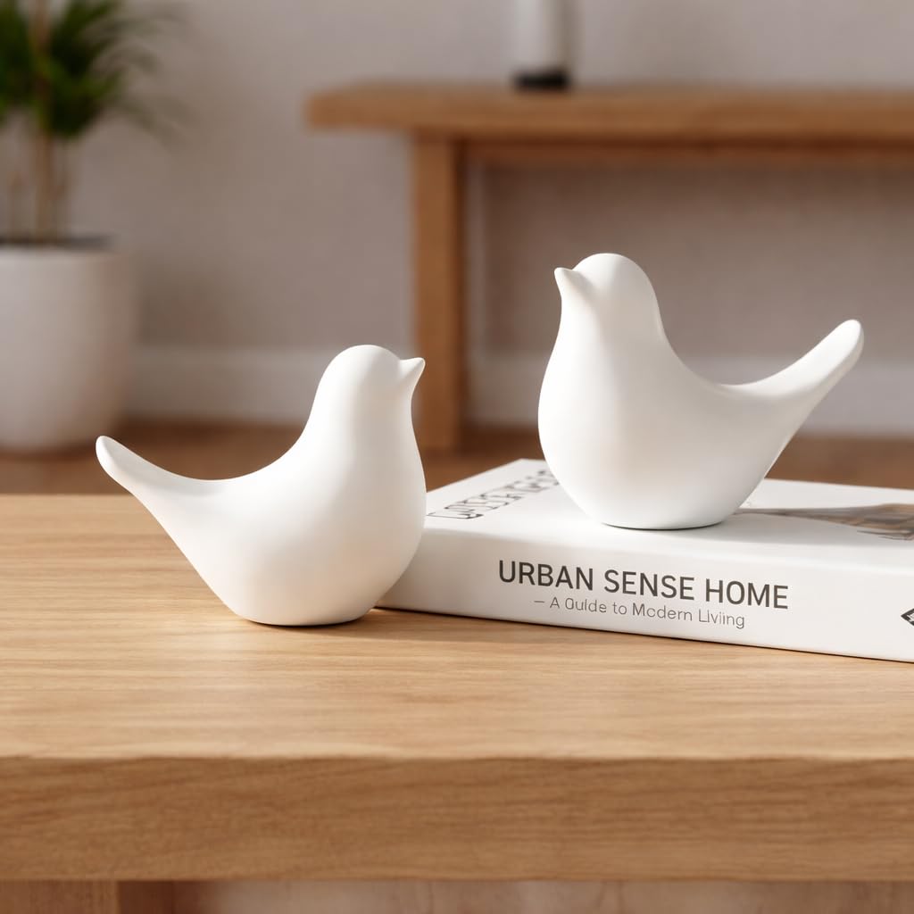 Ceramic Bird Figurines Set of 2 (3.5 Inch) | Decorative Bird Showpiece for Home Decor | Tabletop Bird Statue for Living Room, Bedroom, Office, Shelf & Bookshelf | Snowy Symphony, White