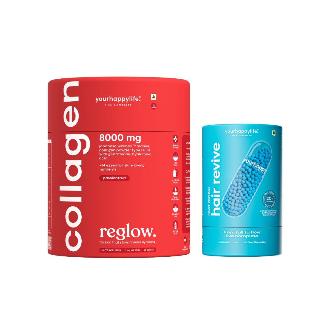 YourHappyLife Advanced Marine Collagen Supplements - 250gm & Hair Supplement Capsules Combo - 30 Capsules | Combo For Skin & Hair Health