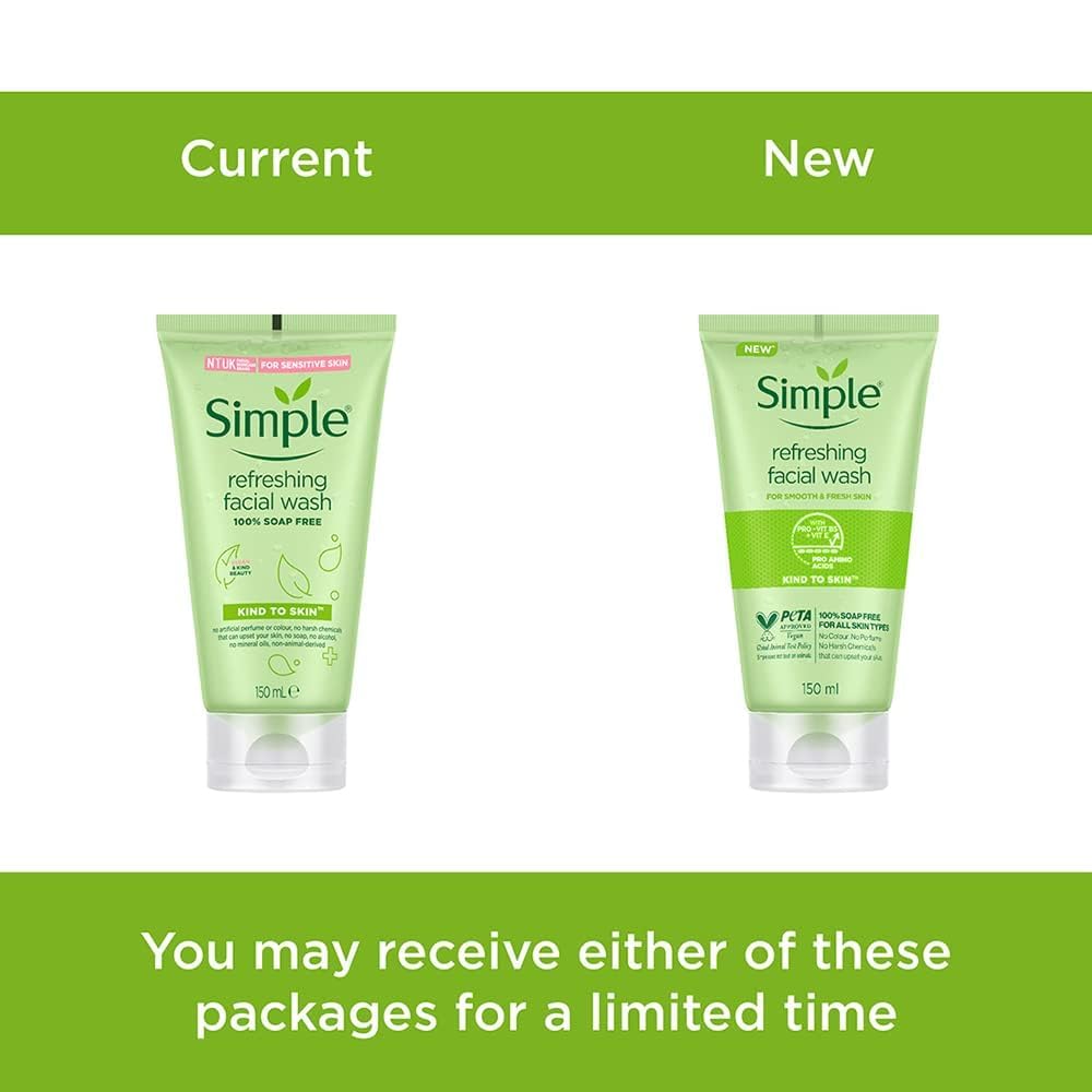 Two bottles of Simple refreshing facial wash with a green banner above them.