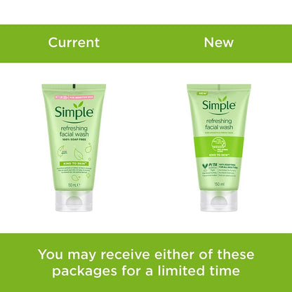 Two bottles of Simple refreshing facial wash with a green banner above them.