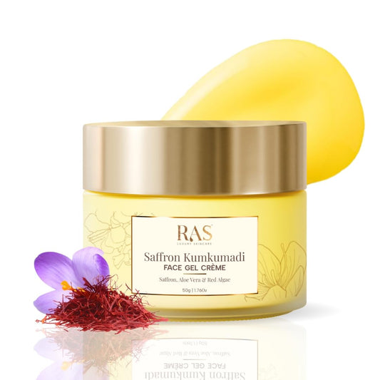 Ras Luxury Oils Saffron Kumkumadi Face Gel Creme with Aloe Vera & Red Algae | Enhances Natural Radiance | Brightening Moisturizing Cream | Light weight & Non-greasy Moisturizer For All Skin Type, 50gm