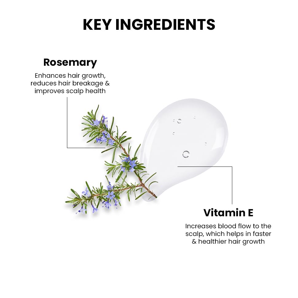 Hair care product with rosemary and vitamin E labeled on a white background
