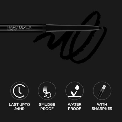 RENEE Hard Black Kajal Pen with Sharpener | 24 Hrs Stay | Long Lasting | Super Black Kajal Pencil | Matte Finish & Rich Color Payoff | Smudge & Water Proof | One Swipe Application Formula | 0.35gm