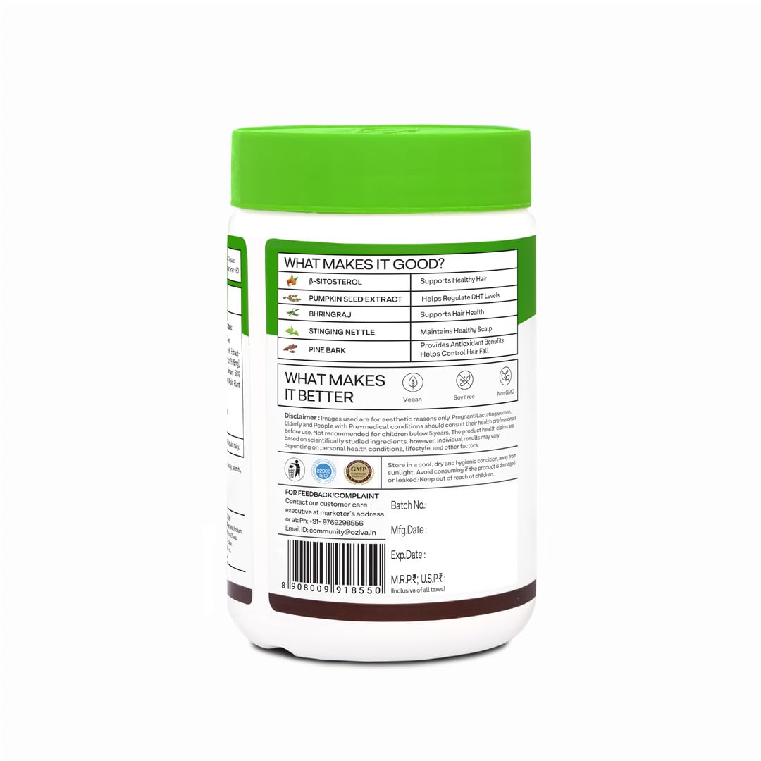 OZiva Plant Based DHT Blocker for Hair Fall Control & Hair Follicle Stimulation|100% Natural DHT Blocker Tablet with Stinging Nettle & Pine Bark|Certified Clean & Vegan|60 Capsules,Pack of 1,100 grams