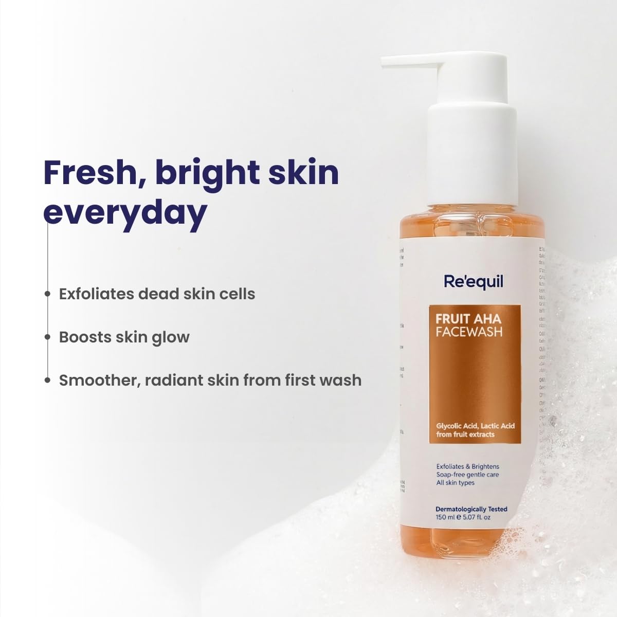 Re'equil Fruit AHA Face Wash bottle with product benefits on a white background