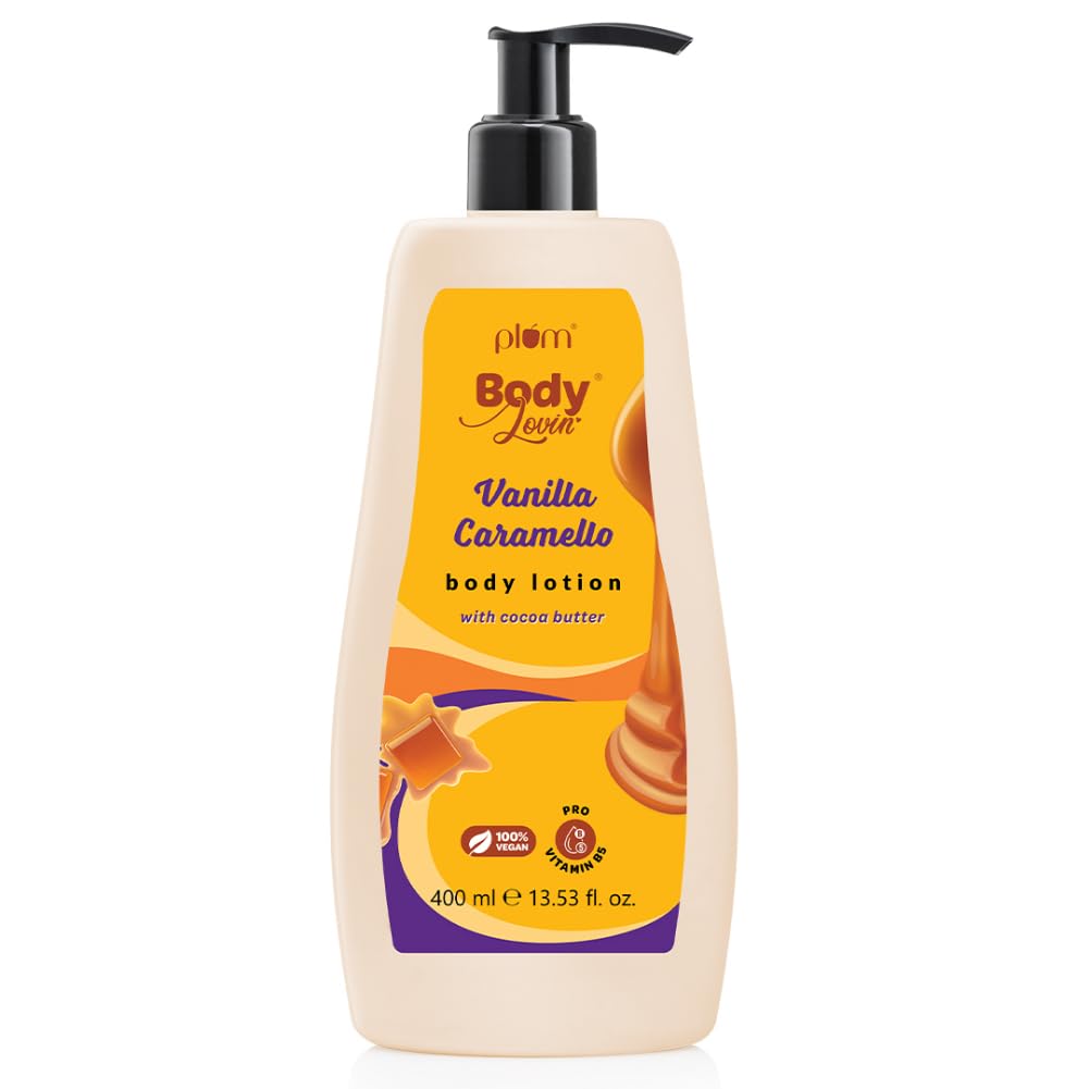 Plum BodyLovin' Vanilla Caramello Body Lotion | Cocoa Butter & Vitamin B5 for Deep Moisturization | Non-Greasy | Soft & Glowing Skin | for Dry to Very Dry Skin | Warm & Cozy Vanilla Fragrance - 400ml