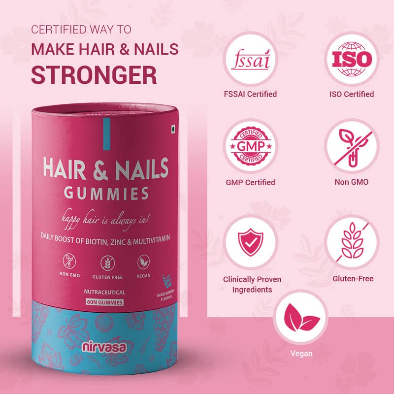 Nirvasa Hair & Nail Gummies with Biotin (60 Gummy) | Supports Healthy Hair, Strong Nails & Glowing Skin | Sugar-Free, Mixed Berry Flavor | Ideal Daily Supplement for Men & Women