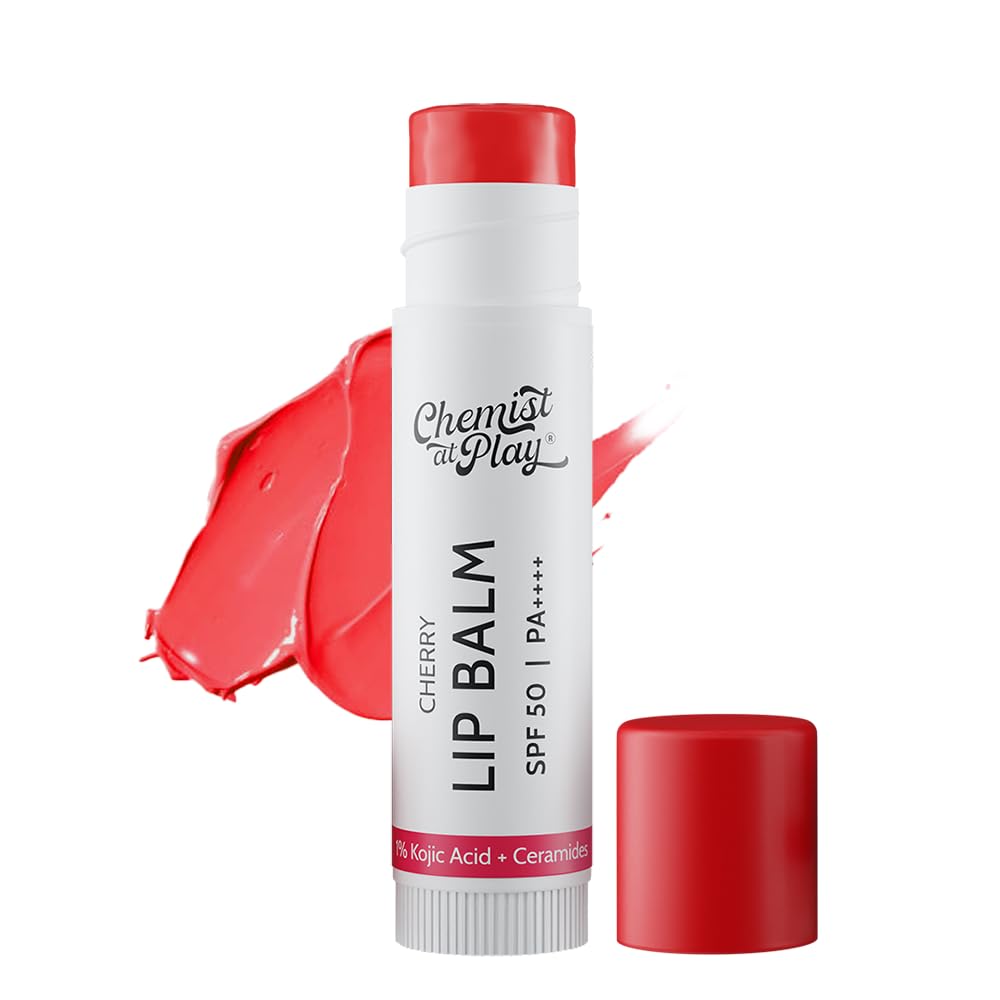 Lip balm with red cap and cherry color swatch on white background