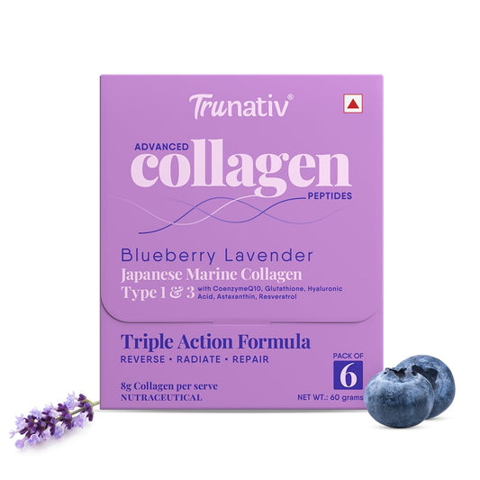 Trunativ Collagen Supplements | Advanced Japanese Marine Collagen Powder for Women & Men | Type 1 and 3 Hydrolyzed Peptides | Supplement with Hyaluronic Acid | Supports Skin Glow, Hair Growth, and Nail Strength | Blueberry Lavender | 60g (Pack of 1)