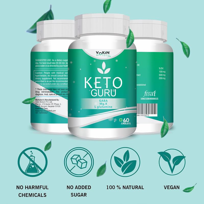Three bottles of Keto Guru supplement with green leaves on a light blue background