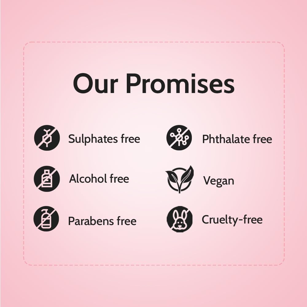 List of product promises including sulphates free, phthalate free, alcohol free, vegan, parabens free, and cruelty-free on a pink background.