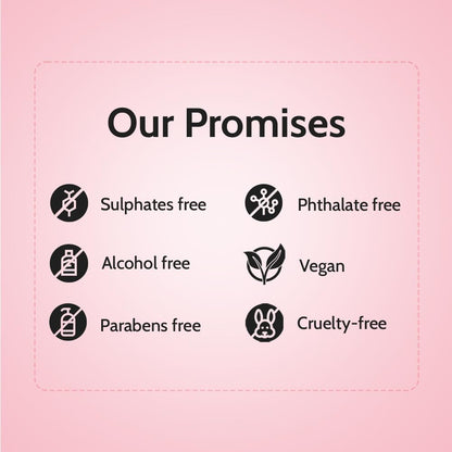 List of product promises including sulphates free, phthalate free, alcohol free, vegan, parabens free, and cruelty-free on a pink background.