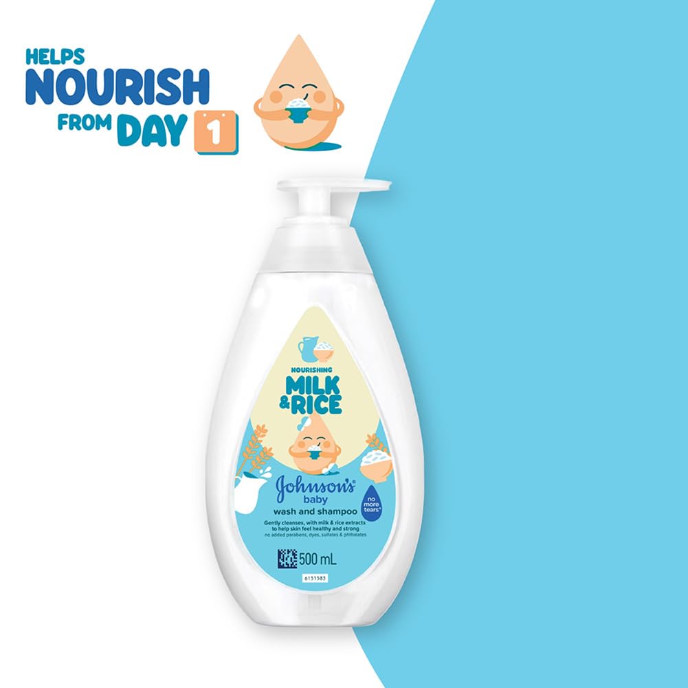 Johnson's Baby Nourishing Milk & Rice Wash & Shampoo 500ml | 2-in-1 Baby Cleanser | No More Tears | Milk Protein & Rice Extracts | Hypoallergenic | pH Balanced | Paraben, Dye, Sulphate & Phthalate Free | For Newborns & Sensitive Skin