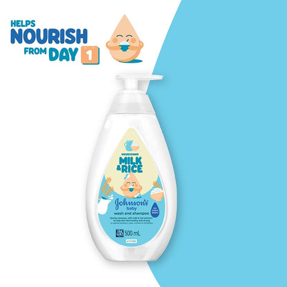 Johnson's Baby Nourishing Milk & Rice Wash & Shampoo 500ml | 2-in-1 Baby Cleanser | No More Tears | Milk Protein & Rice Extracts | Hypoallergenic | pH Balanced | Paraben, Dye, Sulphate & Phthalate Free | For Newborns & Sensitive Skin