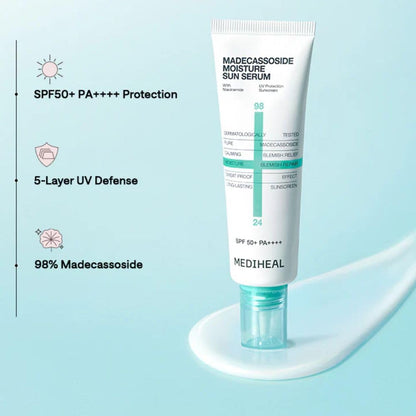 MEDIHEAL Madecassoside Moisture Sun Serum SPF50+ PA++++, Hydrating Korean Sunscreen Serum with Centella Madecassoside for UV Protection, Blemish Care & Skin Barrier Repair, Lightweight Moisturizing K-Beauty Sunscreen (50g)
