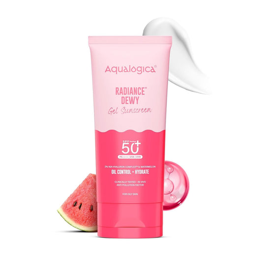 Aqualogica Radiance+ Dewy Gel Sunscreen SPF 50+ PA++++, 80g | 2% Nia-Hyaluron Complex | Broad Spectrum UVA/UVB & Blue Light Protection | Fragrance-Free | No White Cast | Lightweight | Anti-Pollution | For Men & Women