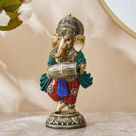 Handicraft Lord Ganesha Playing Musical Guitar, Dholak, Harmonium Resin Statue Showpiece Cute Figurines Set of 3 (Multicolour, 19cm Tall)