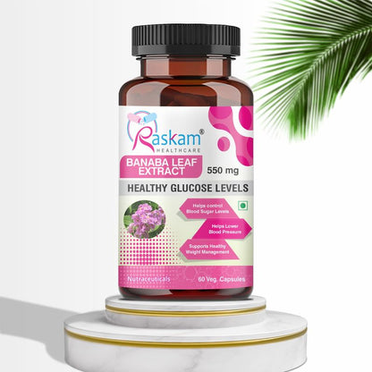 Raskam Healthcare banana leaf extract supplement bottle on a white background with a palm leaf.