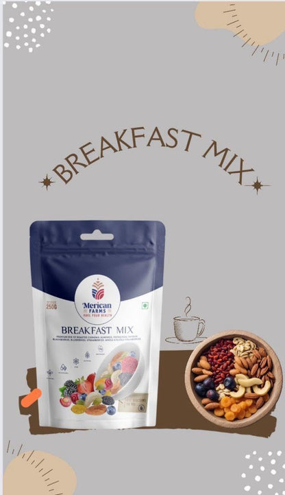 Merican Farms Breakfast Mix 250gm with Healthy Mixed Nuts with Dry Fruits, Premium Fiber SuperMix, Fresh and Perfectly Balanced Mix Dry Fruits Pack,Anytime Snacking Berries
