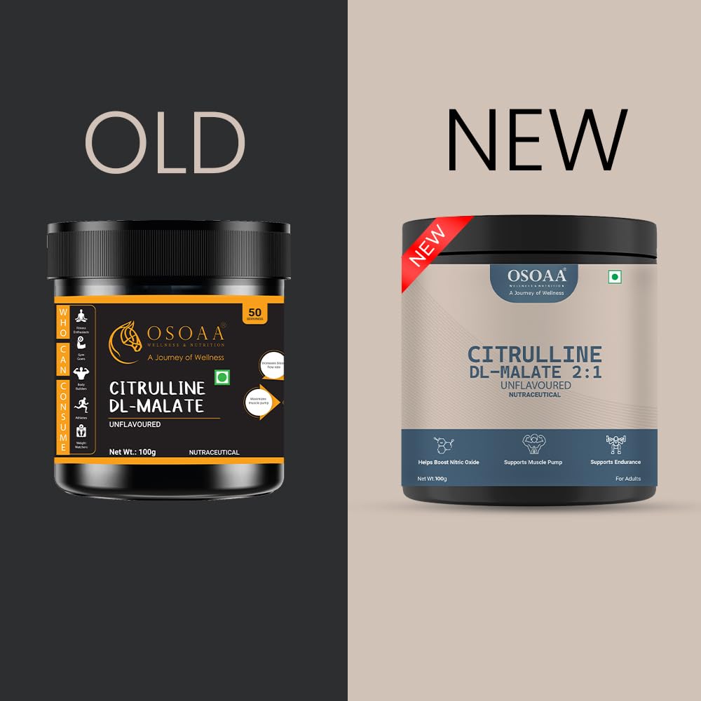 Comparison of an old and new Osoaa Citrulline DL-Malate supplement container design.