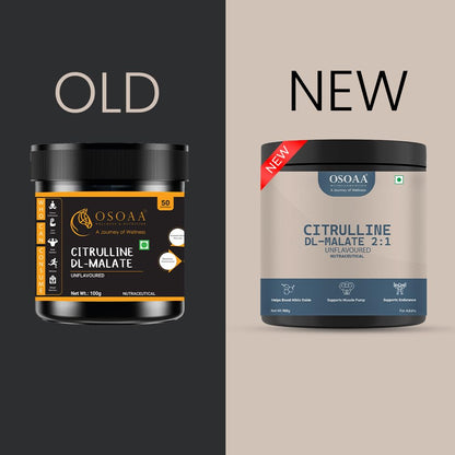 Comparison of an old and new Osoaa Citrulline DL-Malate supplement container design.
