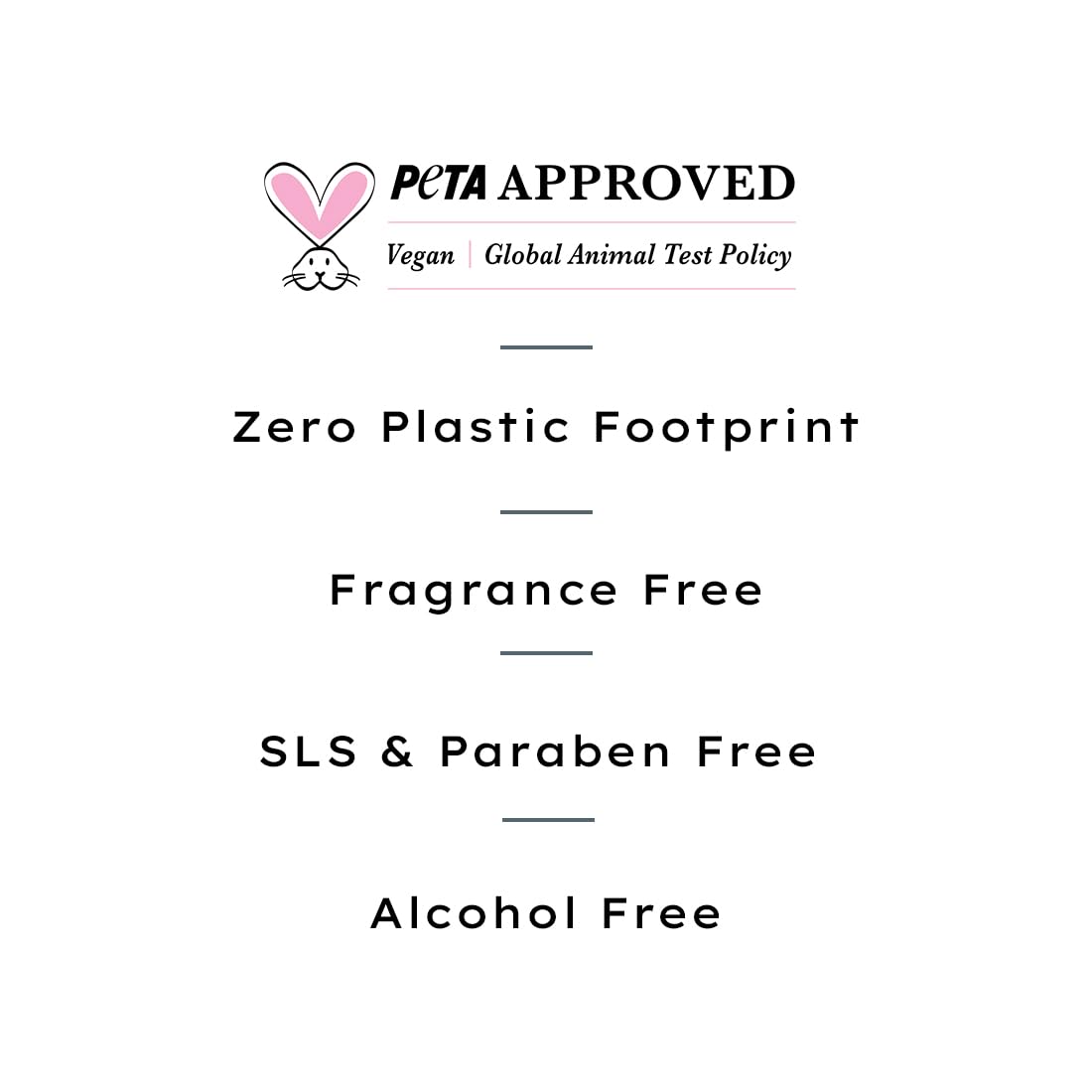 Product label with PETA approval, zero plastic footprint, fragrance free, SLS & Paraben free, and alcohol free claims on a white background.
