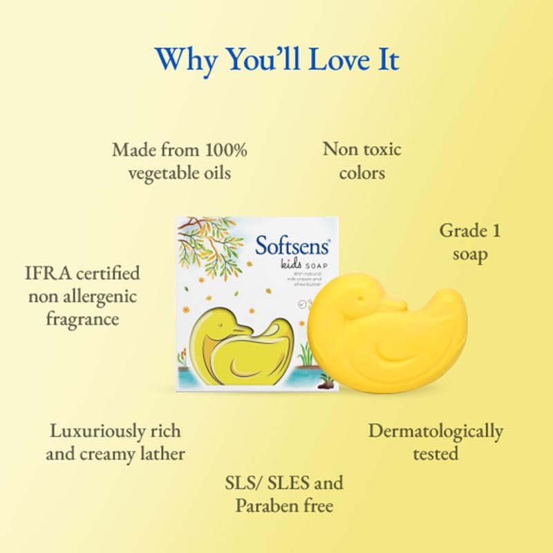 Softsens Kids Soap Lucky Duck 75g | Gentle Nourishing Care with Shea Butter & Natural Milk Cream, Dermatologist Tested Baby Soap, Moisturizing Animal Shape Bar Soap For Toddlers & Kids 2-10 Years