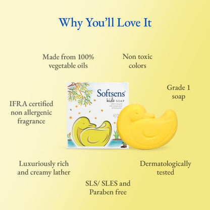 Softsens Kids Soap Lucky Duck 75g | Gentle Nourishing Care with Shea Butter & Natural Milk Cream, Dermatologist Tested Baby Soap, Moisturizing Animal Shape Bar Soap For Toddlers & Kids 2-10 Years