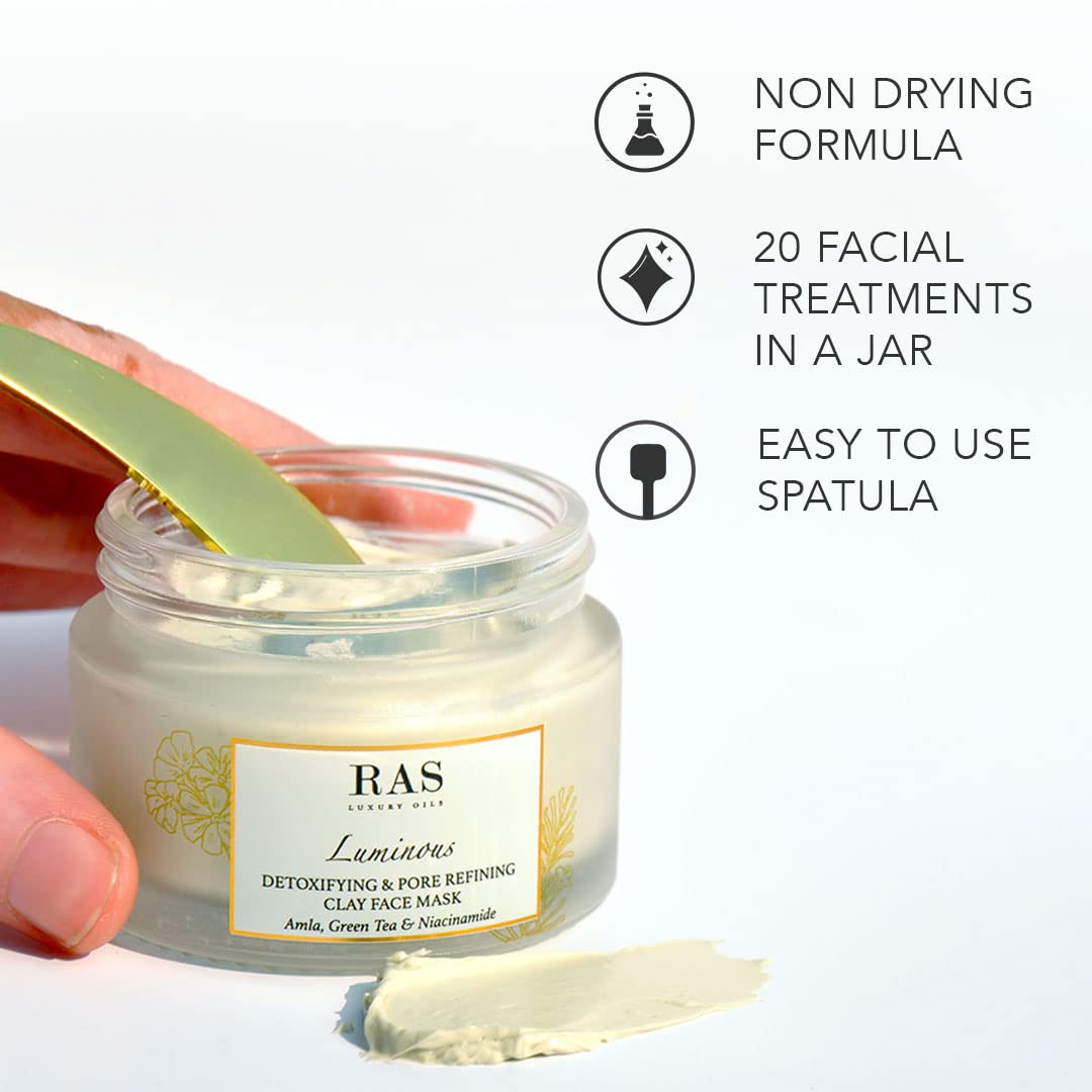 RAS Luxury Oils Luminous Detoxifying & Pore Refining Clay Face Mask For Glowing Skin, Tan Removal, Oil & Acne Control, Kaolin Clay, Green Tea, Neem & Amla Extract 50g