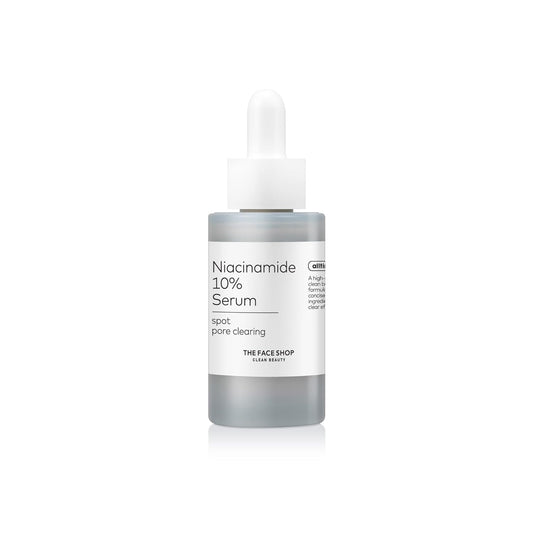 Niacinamide 10% serum bottle with dropper on a white background