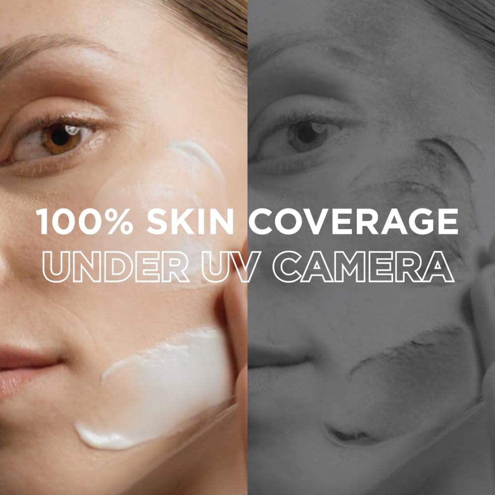 Close-up of a person's face with a product applied, showing 100% skin coverage under UV camera.