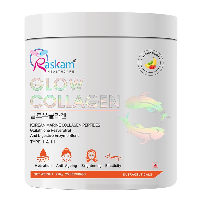 Raskam Glow Collagen supplement container on a white background