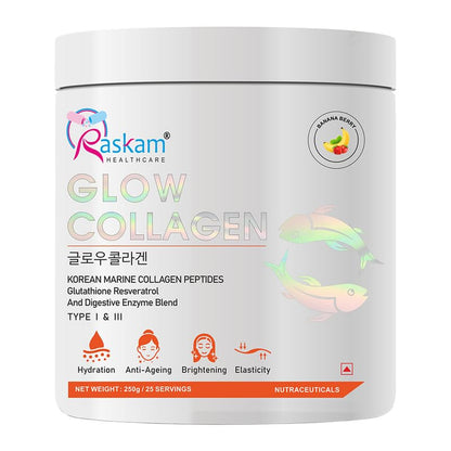 Raskam Glow Collagen supplement container on a white background