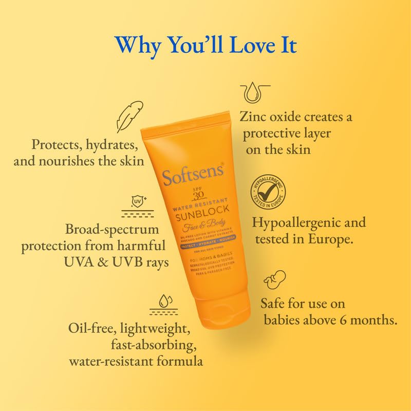 Softsens Sunblock Spf 30 Lotion | Enriched with Vitamin E, avocado & carrot extracts | For Babies & Parents | 50g Pack of 1