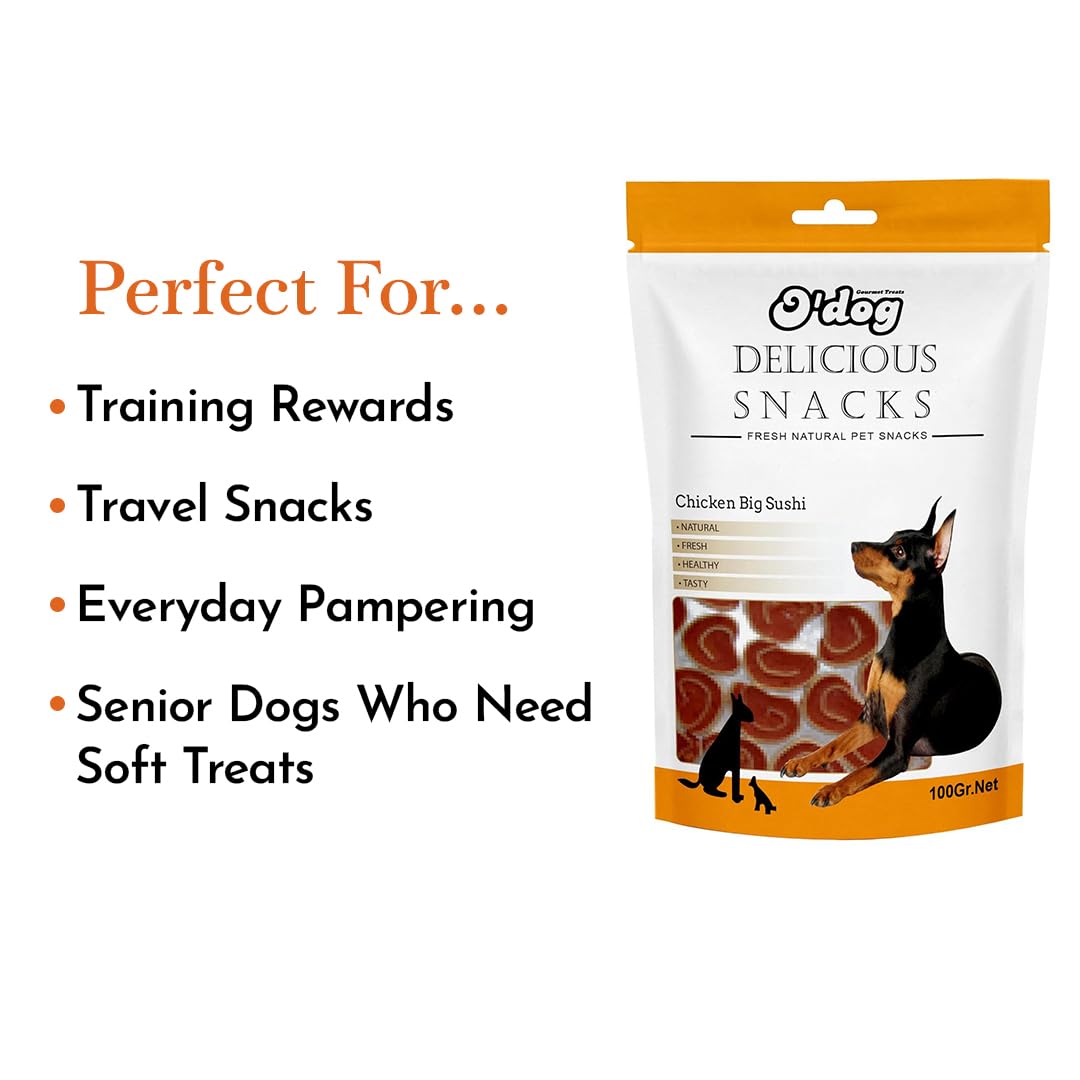 PETS EMPIRE O'Dog Chicken Big Sushi, Healthy Dog Treats, Chewy Dogs Bites for Training and Feeding, Made with Real Chicken, Non-Vegetarian Pup Snacks for Dogs, Puppies - 100g