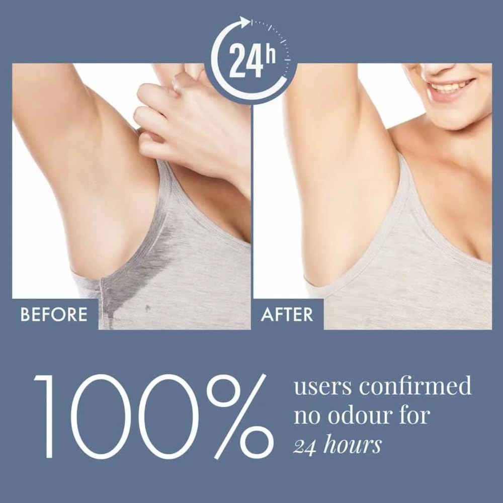 Before and after comparison of armpit hygiene with a 24-hour timer and text about odor reduction.