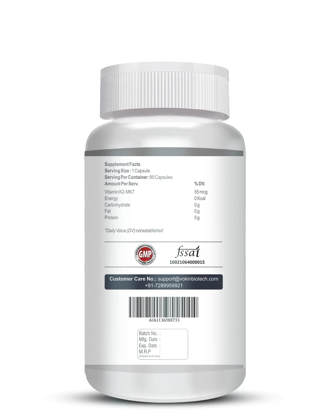 White supplement bottle with label on a white background