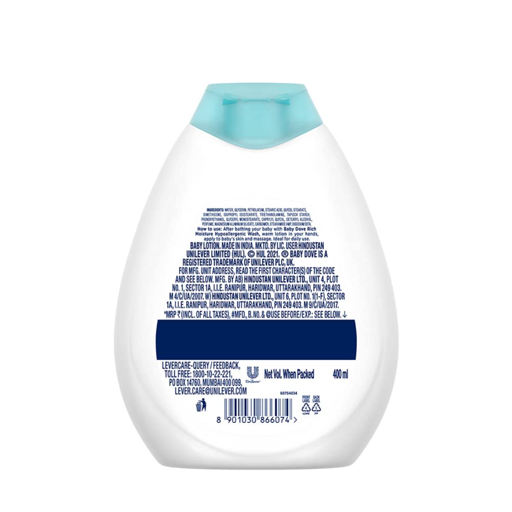 Back view of a white baby lotion bottle with blue cap on a white background