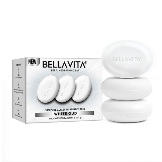 Bellavita White Oud perfumed bathing bars with packaging on a white background