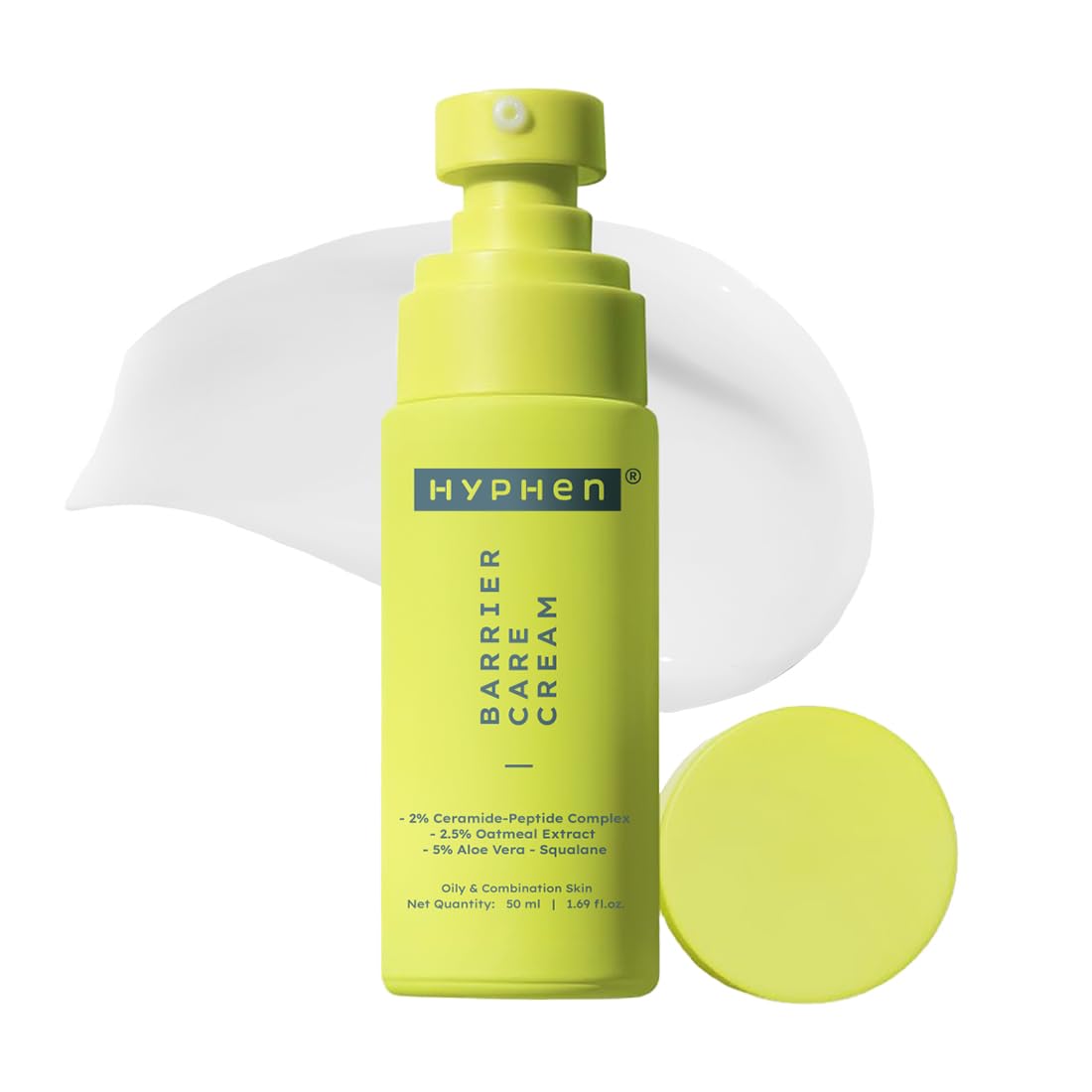 Yellow bottle of Hyphen Barrier Care Cream with a white background