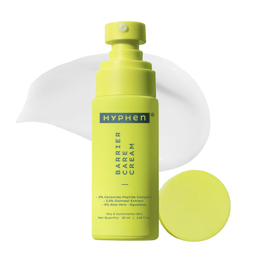 Yellow bottle of Hyphen Barrier Care Cream with a white background