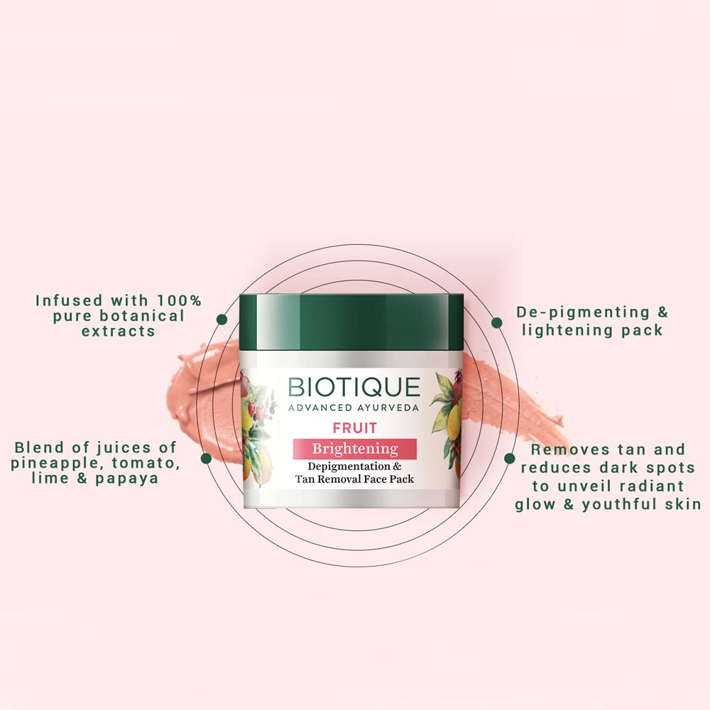 Biotique fruit brightening face pack with product details on a white background