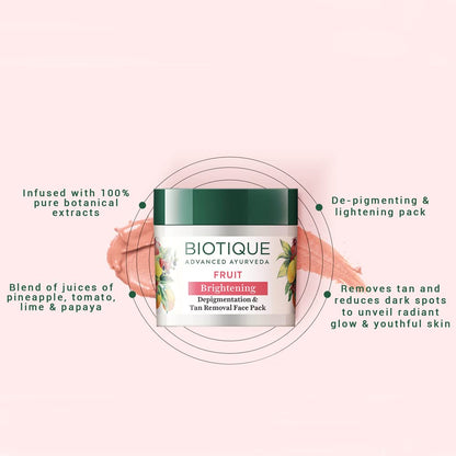 Biotique fruit brightening face pack with product details on a white background