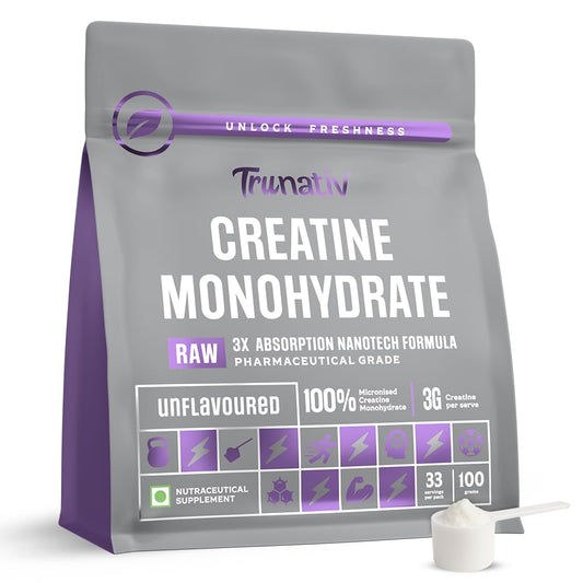 Trunativ Pure Micronised Creatine Powder | Creatine Monohydrate Supplement for Strength, Fast-Absorption, Recovery & Lean Muscle | Gut-Friendly | 100g (33 Servings)
