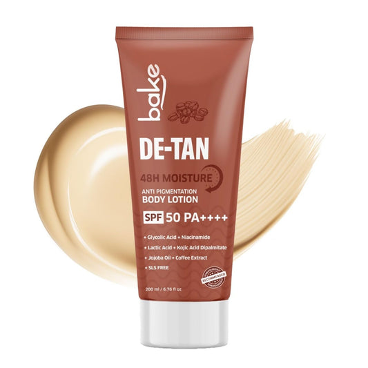 BAKE De-Tan Coffee Body Lotion (200ml) 48 Hour Moisturization with Kojic Acid, Lactic Acid, Niacinamide & SPF 50 for Pigmentation & Tan Removal | For Dark Spots & Sun Protection | Tanned & Pigmented Skin | For Women & Men