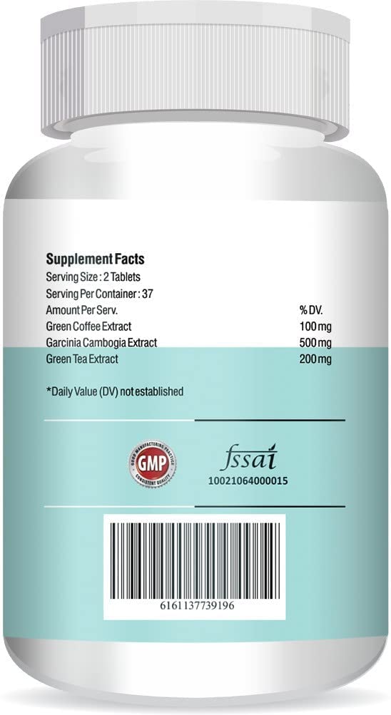 Supplement bottle with label showing 'Green Coffee Extract' and 'Garcinia Cambogia Extract'.