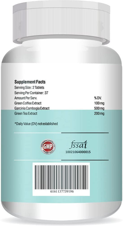 Supplement bottle with label showing 'Green Coffee Extract' and 'Garcinia Cambogia Extract'.