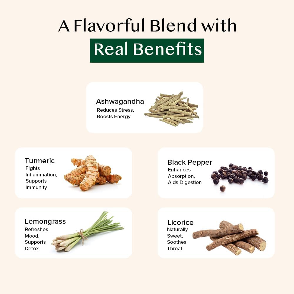 VAHDAM Turmeric Ashwagandha Herbal Tea - 50 Tea Bags | Fights Inflammation, Reduces Stress & Boosts Energy | 5-Herb Caffeine Free Blend | With Black Pepper, Lemongrass & Licorice