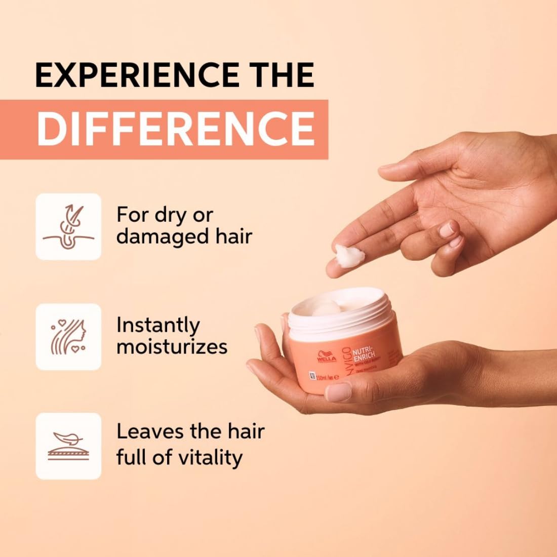 Hair care product with text highlighting benefits for dry or damaged hair on a beige background
