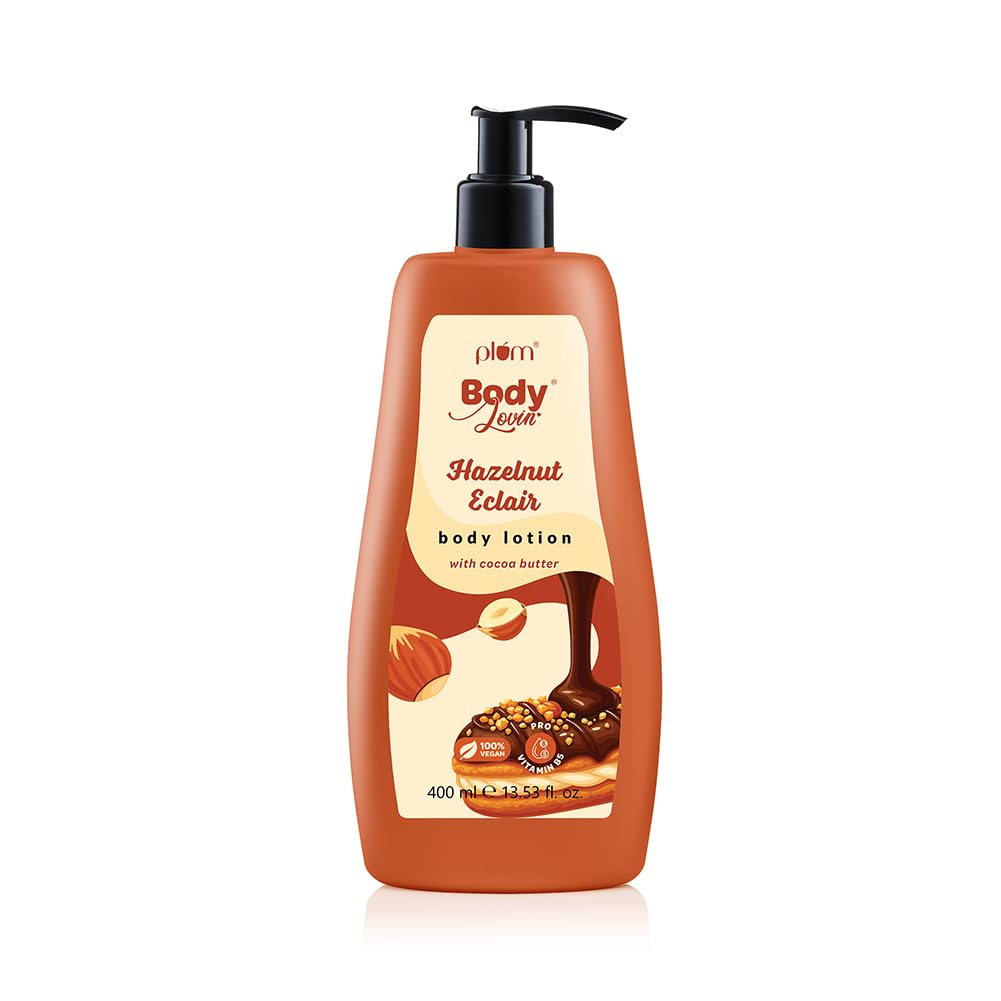 Plum BodyLovin' Hazelnut Eclair Body Lotion | Cocoa Butter & Vitamin B5 for Deep Moisturization | Hazelnut & Vanilla Notes | Non-Greasy & Lightweight | Soft, Smooth & Glazed Skin | For Dry To Very Dry Skin | Toasted Nutty Choco-Vanilla Fragrance | 400ml